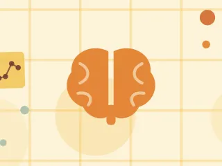 Illustration of a human brain on a warm cream field of overlapping translucent circles and fine botanical sprigs.