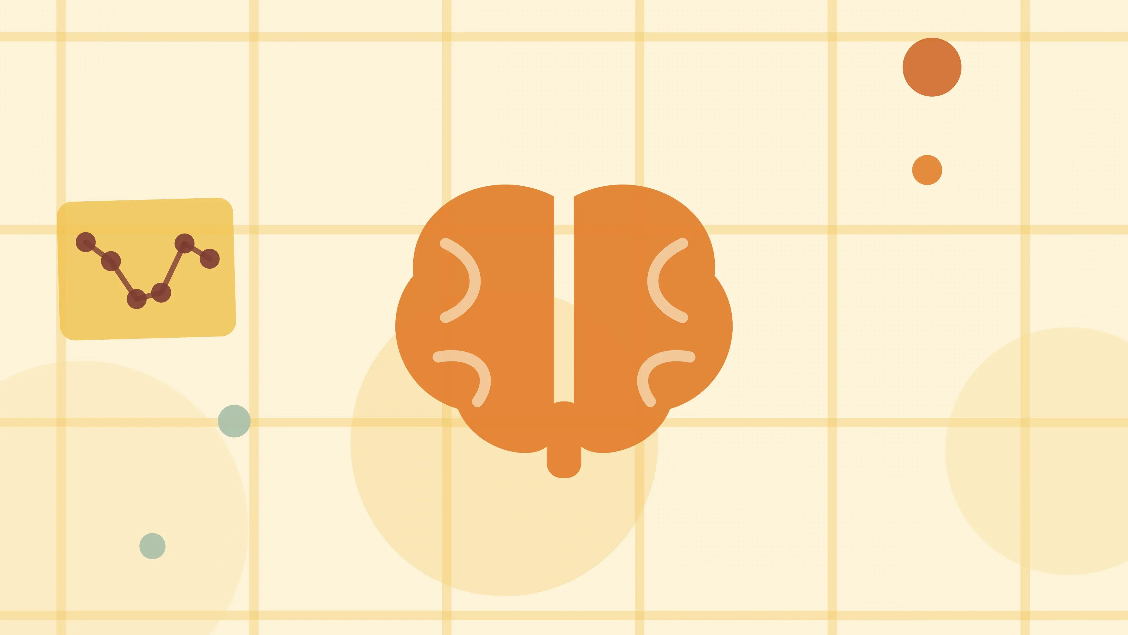 Illustration of a human brain on a warm cream field of overlapping translucent circles and fine botanical sprigs.