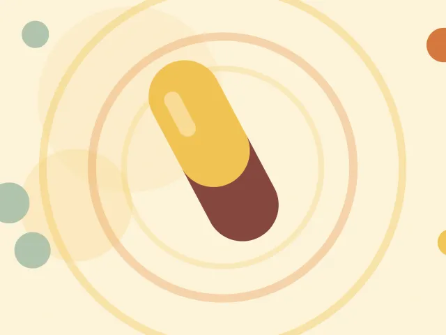 Illustration of a two-tone capsule pill on a warm cream field of overlapping translucent circles and fine botanical sprigs.