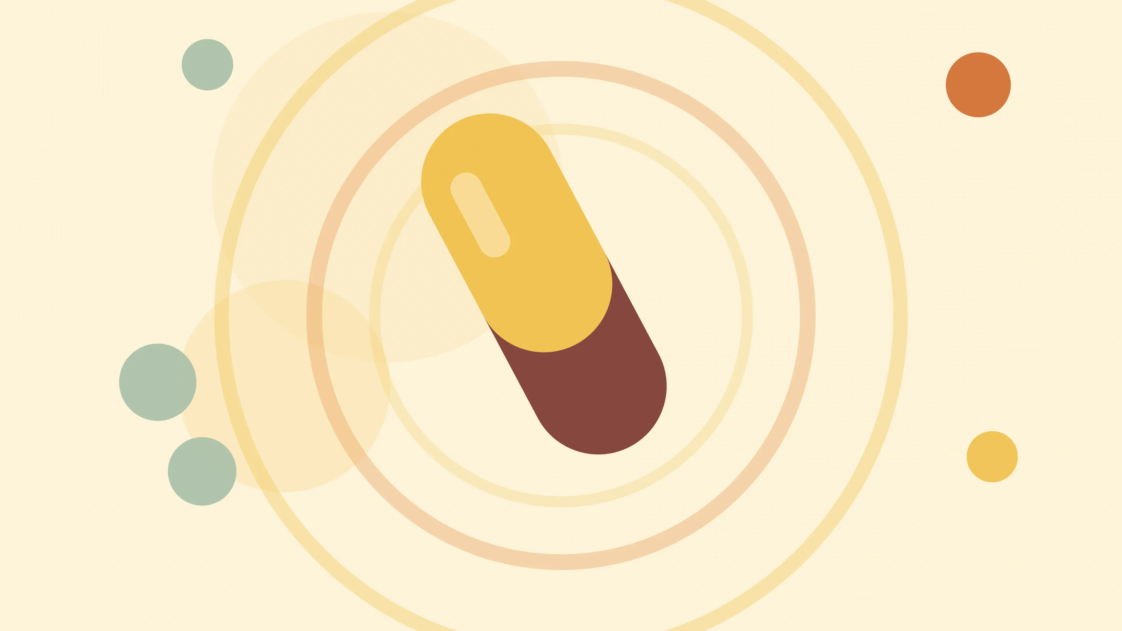 Illustration of a two-tone capsule pill on a warm cream field of overlapping translucent circles and fine botanical sprigs.