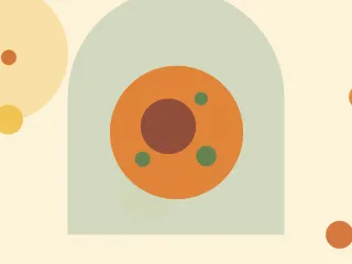 Illustration of a cell with its nucleus and granules on a warm cream field of overlapping translucent circles and fine botanical sprigs.