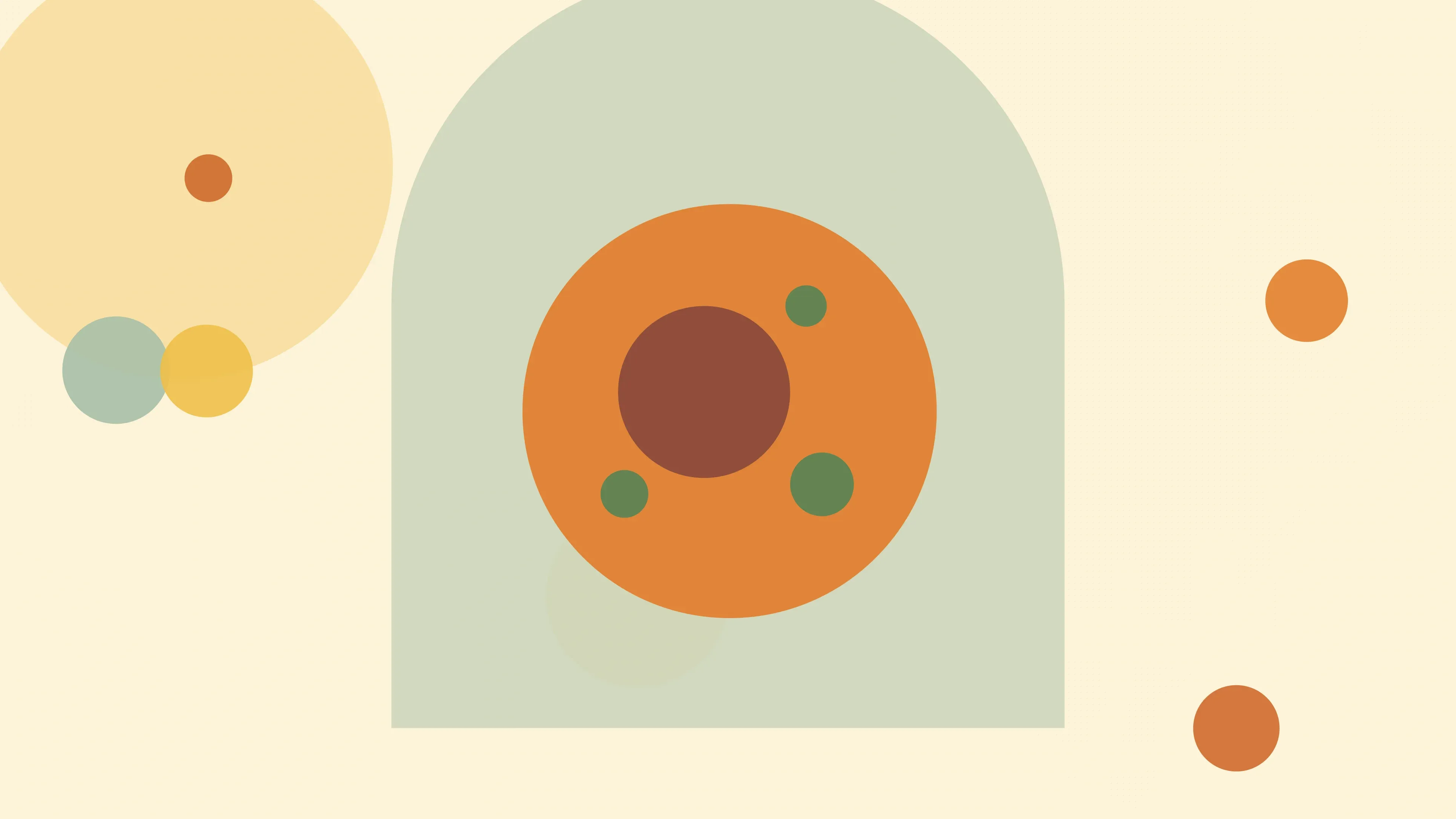 Illustration of a cell with its nucleus and granules on a warm cream field of overlapping translucent circles and fine botanical sprigs.