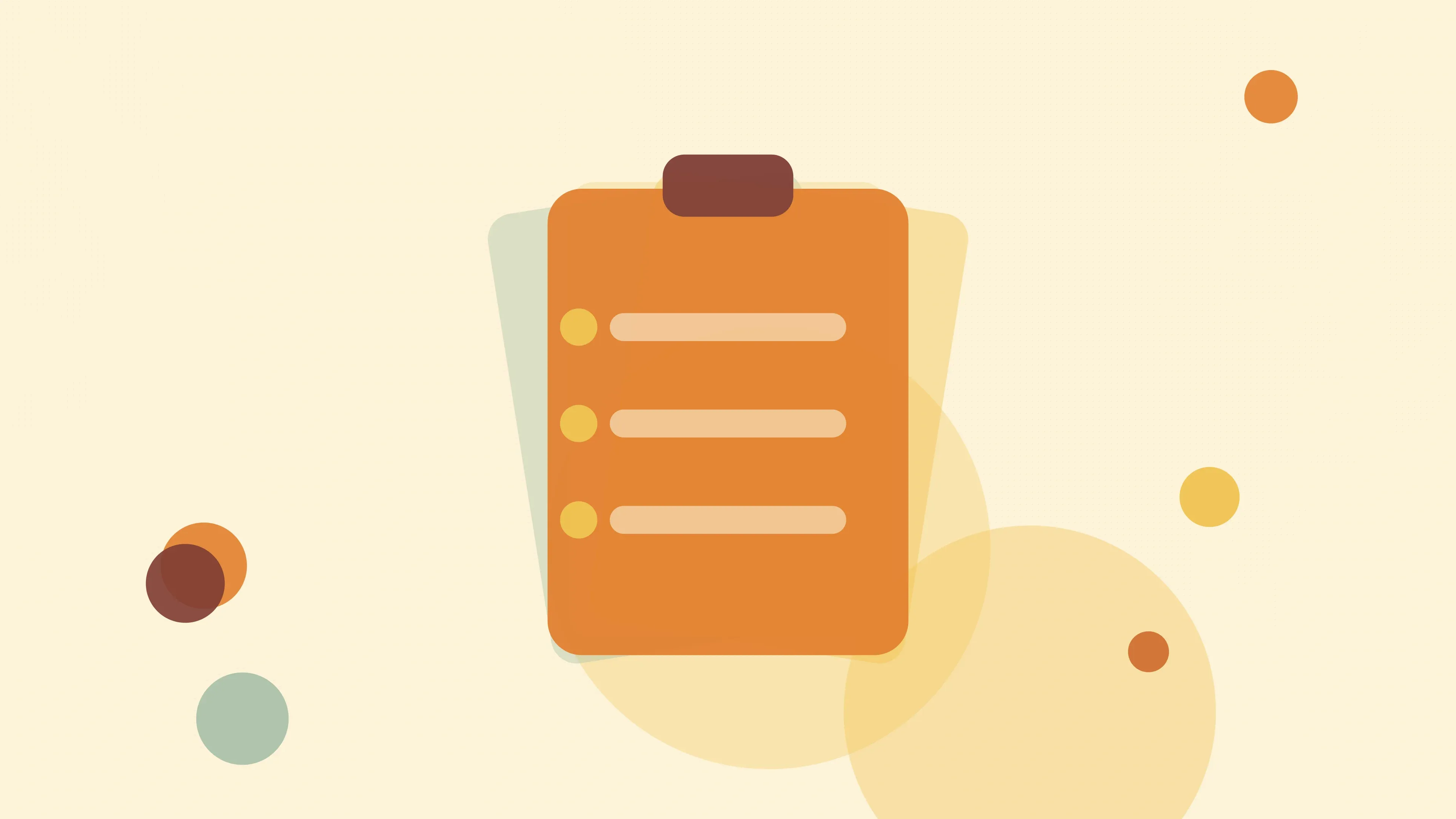 Illustration of a clipboard holding a checklist on a warm cream field of overlapping translucent circles and fine botanical sprigs.