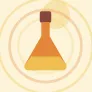 Illustration of a laboratory flask half full on a warm cream field of overlapping translucent circles and fine botanical sprigs.