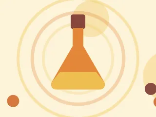 Illustration of a laboratory flask half full on a warm cream field of overlapping translucent circles and fine botanical sprigs.