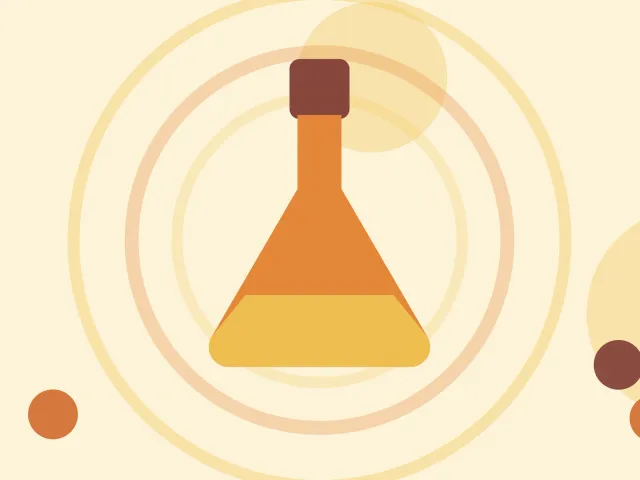 Illustration of a laboratory flask half full on a warm cream field of overlapping translucent circles and fine botanical sprigs.