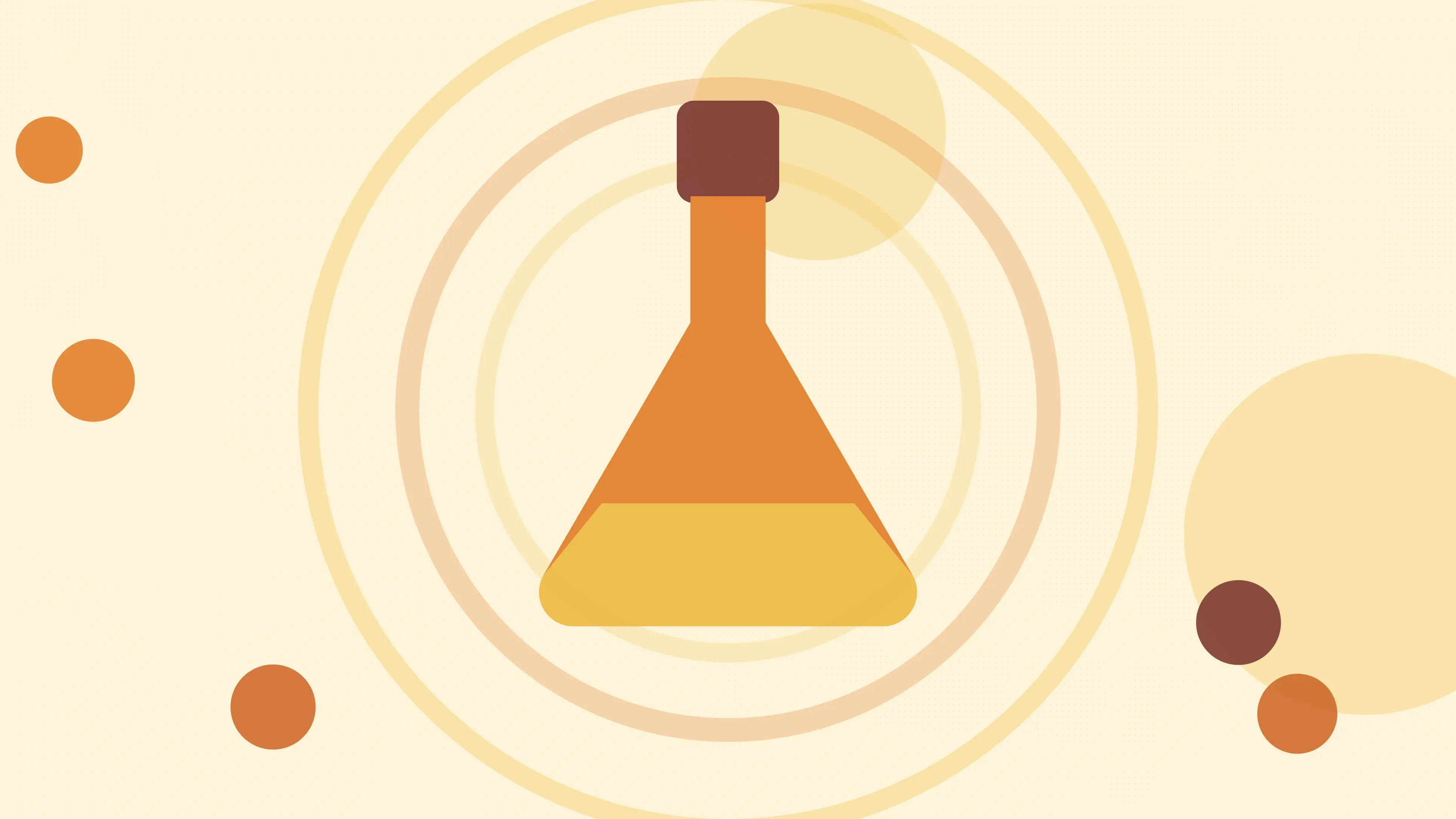 Illustration of a laboratory flask half full on a warm cream field of overlapping translucent circles and fine botanical sprigs.
