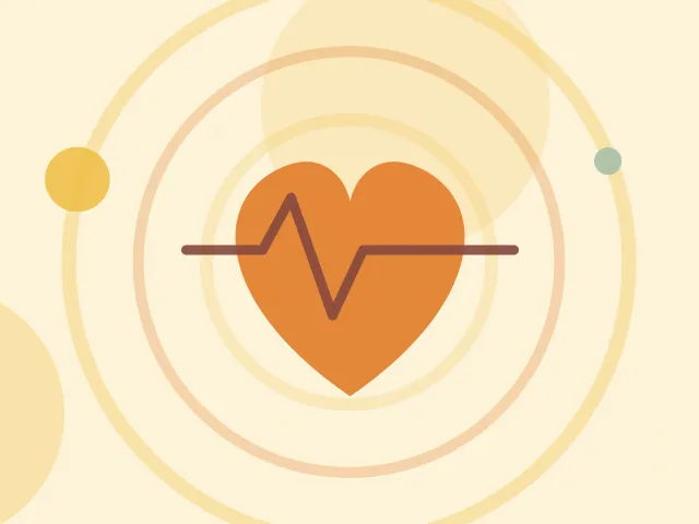 Illustration of a heart crossed by a heartbeat line on a warm cream field of overlapping translucent circles and fine botanical sprigs.