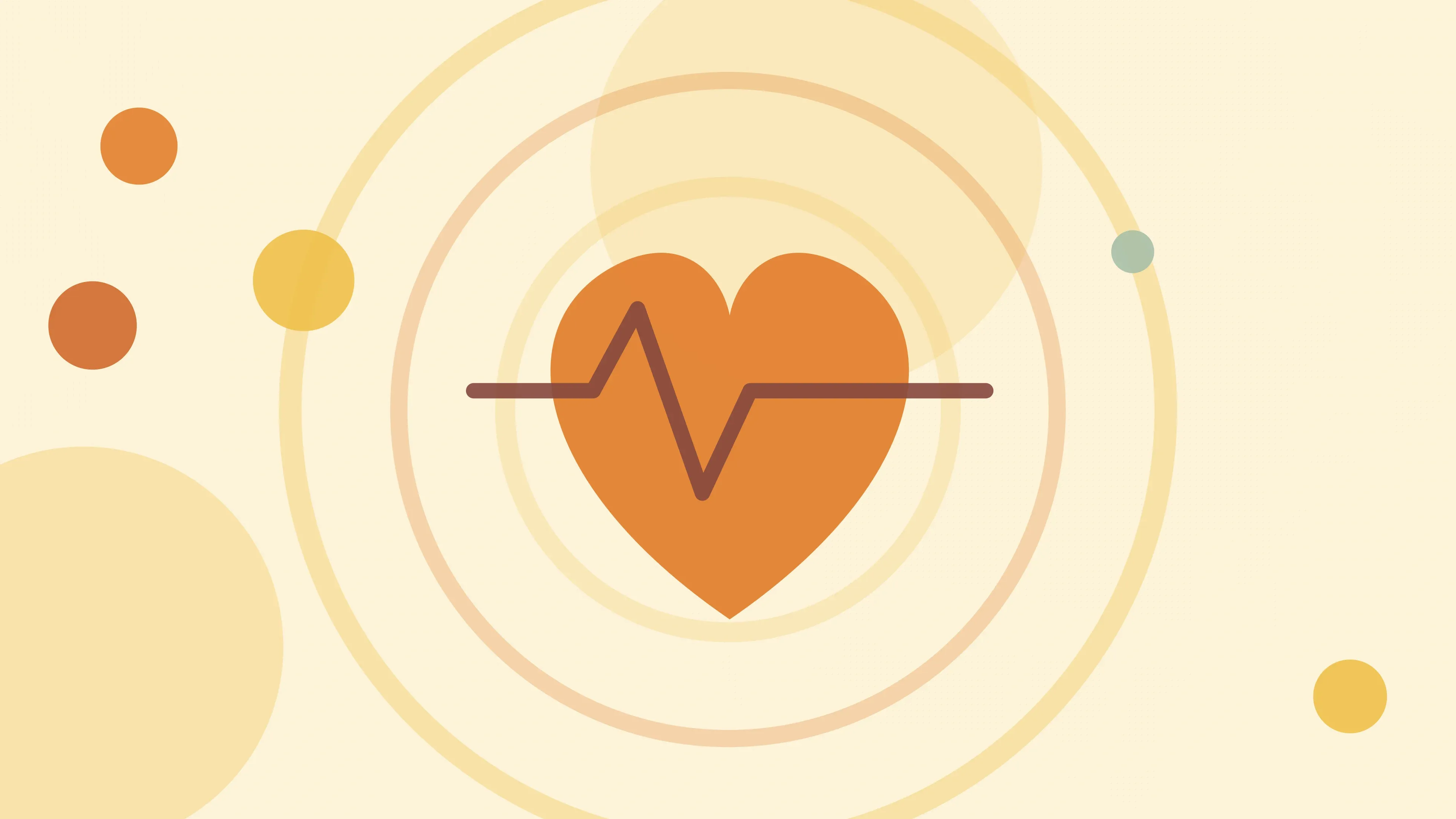 Illustration of a heart crossed by a heartbeat line on a warm cream field of overlapping translucent circles and fine botanical sprigs.