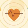 Illustration of a heart crossed by a heartbeat line on a warm cream field of overlapping translucent circles and fine botanical sprigs.