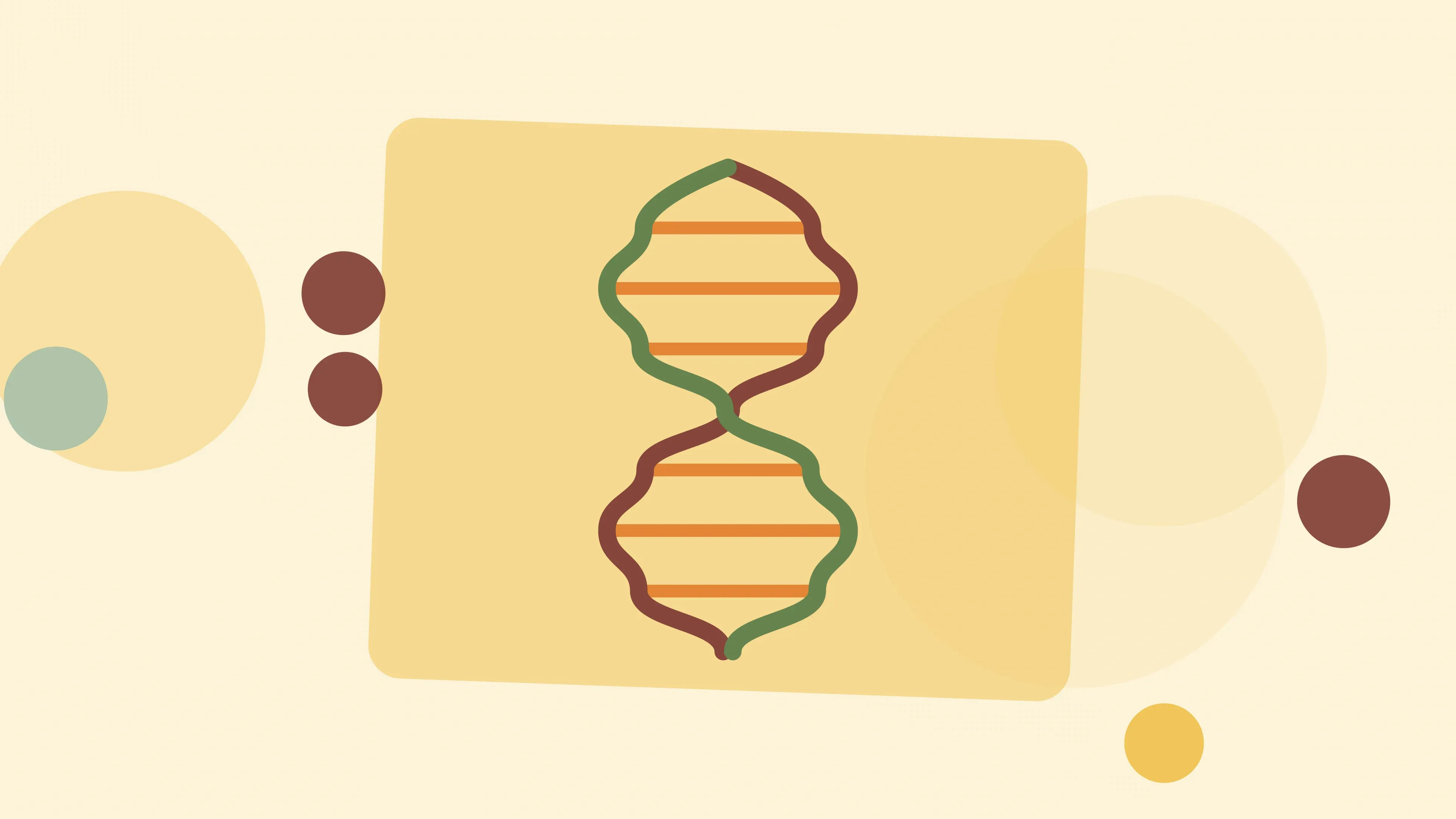 Illustration of a double helix on a warm cream field of overlapping translucent circles and fine botanical sprigs.