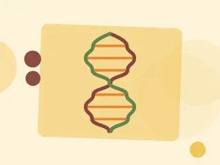 Illustration of a double helix on a warm cream field of overlapping translucent circles and fine botanical sprigs.