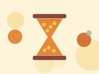 Illustration of an hourglass with grains falling through it on a warm cream field of overlapping translucent circles and fine botanical sprigs.