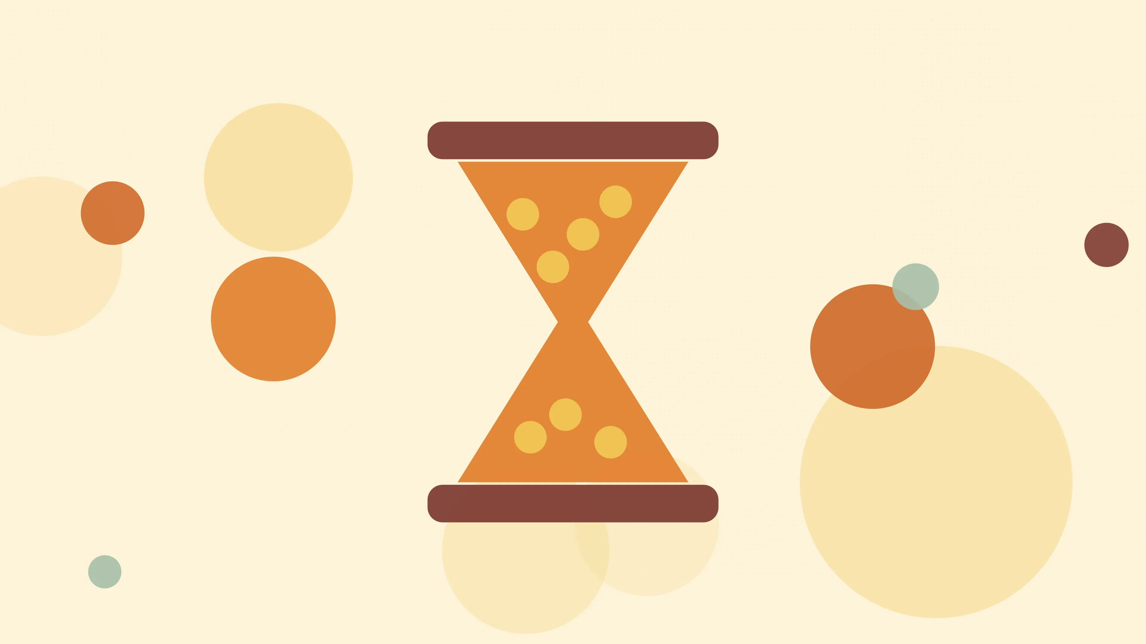 Illustration of an hourglass with grains falling through it on a warm cream field of overlapping translucent circles and fine botanical sprigs.