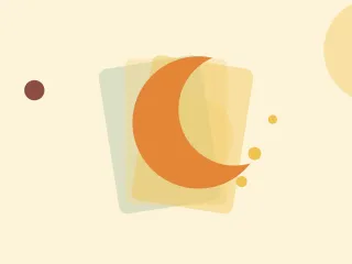 Illustration of a crescent moon with small stars on a warm cream field of overlapping translucent circles and fine botanical sprigs.