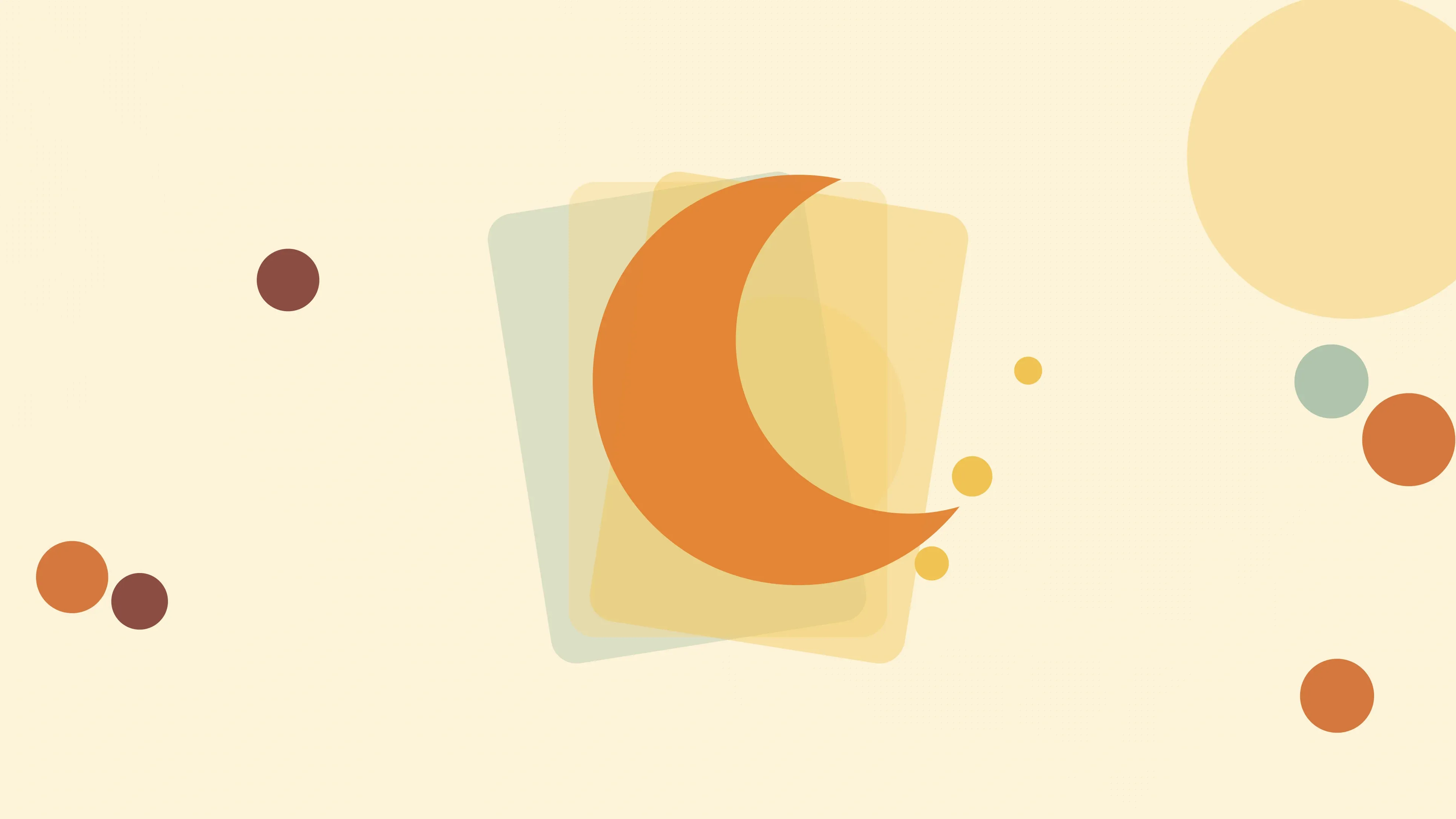 Illustration of a crescent moon with small stars on a warm cream field of overlapping translucent circles and fine botanical sprigs.