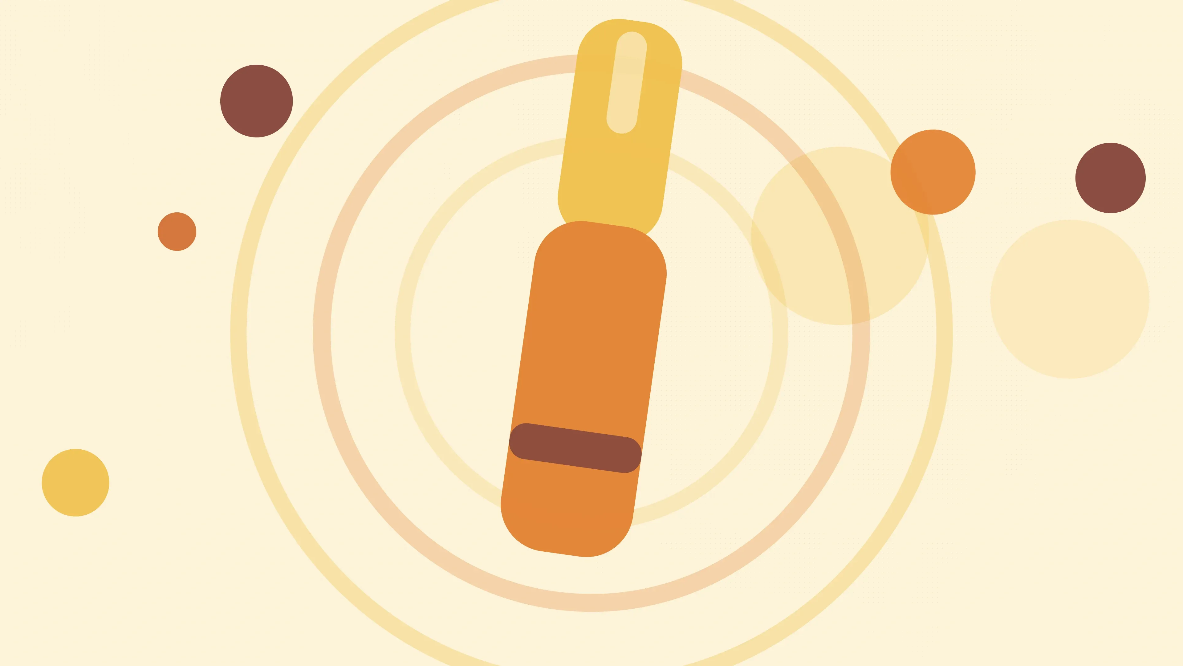 Illustration of a medical injection pen standing upright on a warm cream field of overlapping translucent circles and fine botanical sprigs.