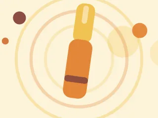 Illustration of a medical injection pen standing upright on a warm cream field of overlapping translucent circles and fine botanical sprigs.