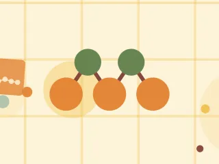 Illustration of a chain of linked molecular nodes on a warm cream field of overlapping translucent circles and fine botanical sprigs.