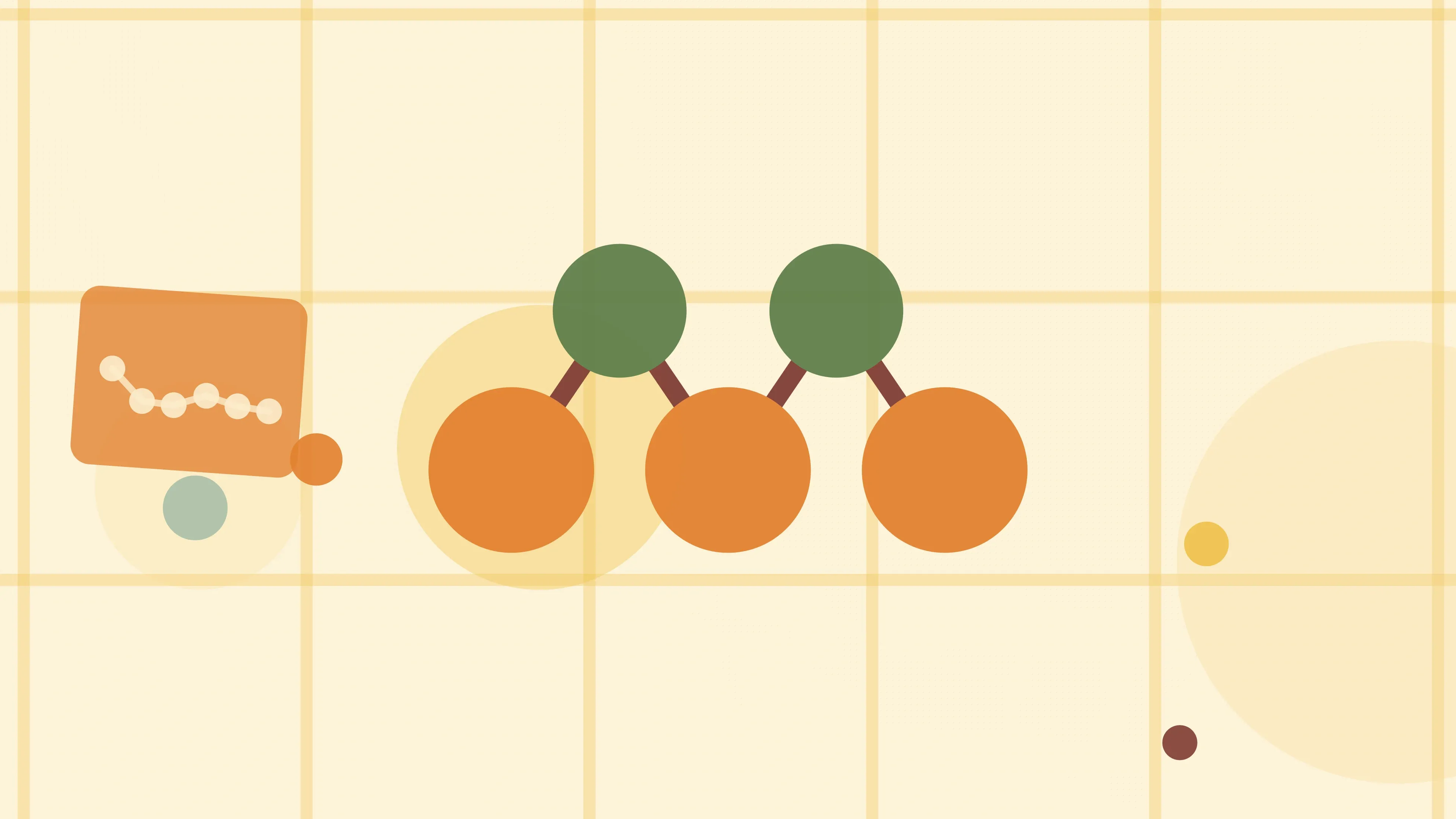 Illustration of a chain of linked molecular nodes on a warm cream field of overlapping translucent circles and fine botanical sprigs.