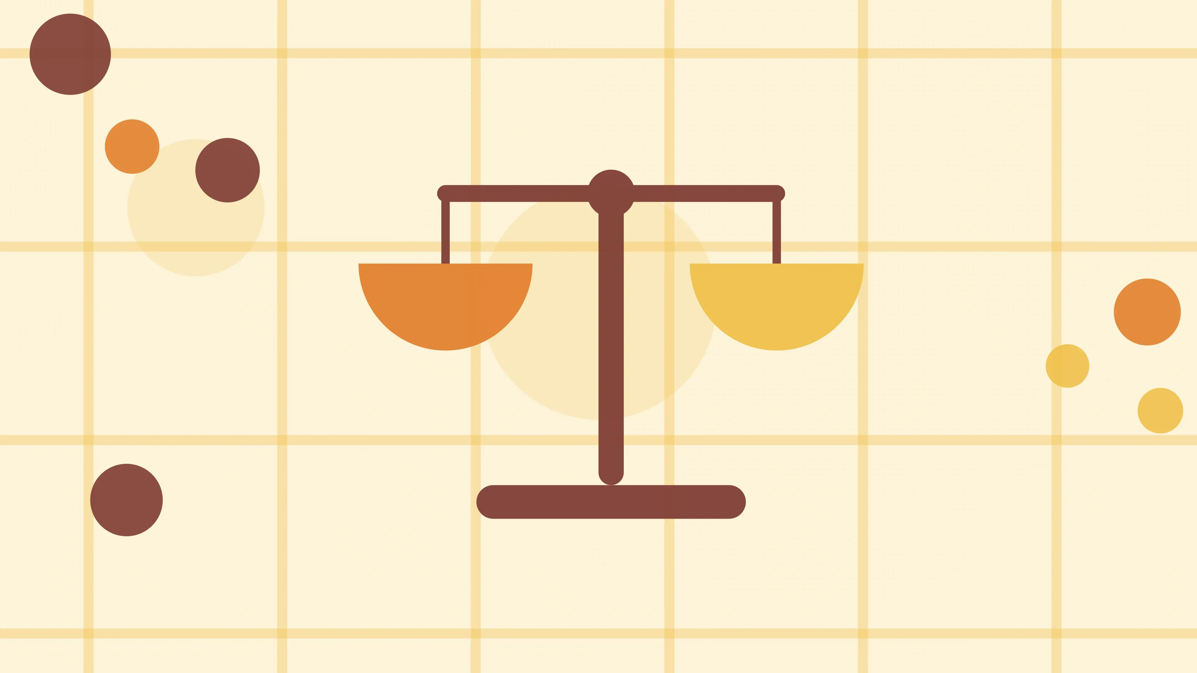 Illustration of a balance scale with two hanging pans on a warm cream field of overlapping translucent circles and fine botanical sprigs.