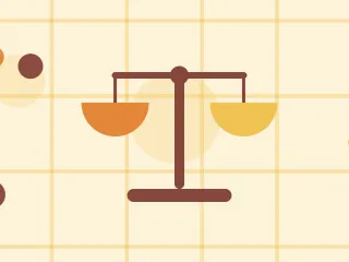 Illustration of a balance scale with two hanging pans on a warm cream field of overlapping translucent circles and fine botanical sprigs.