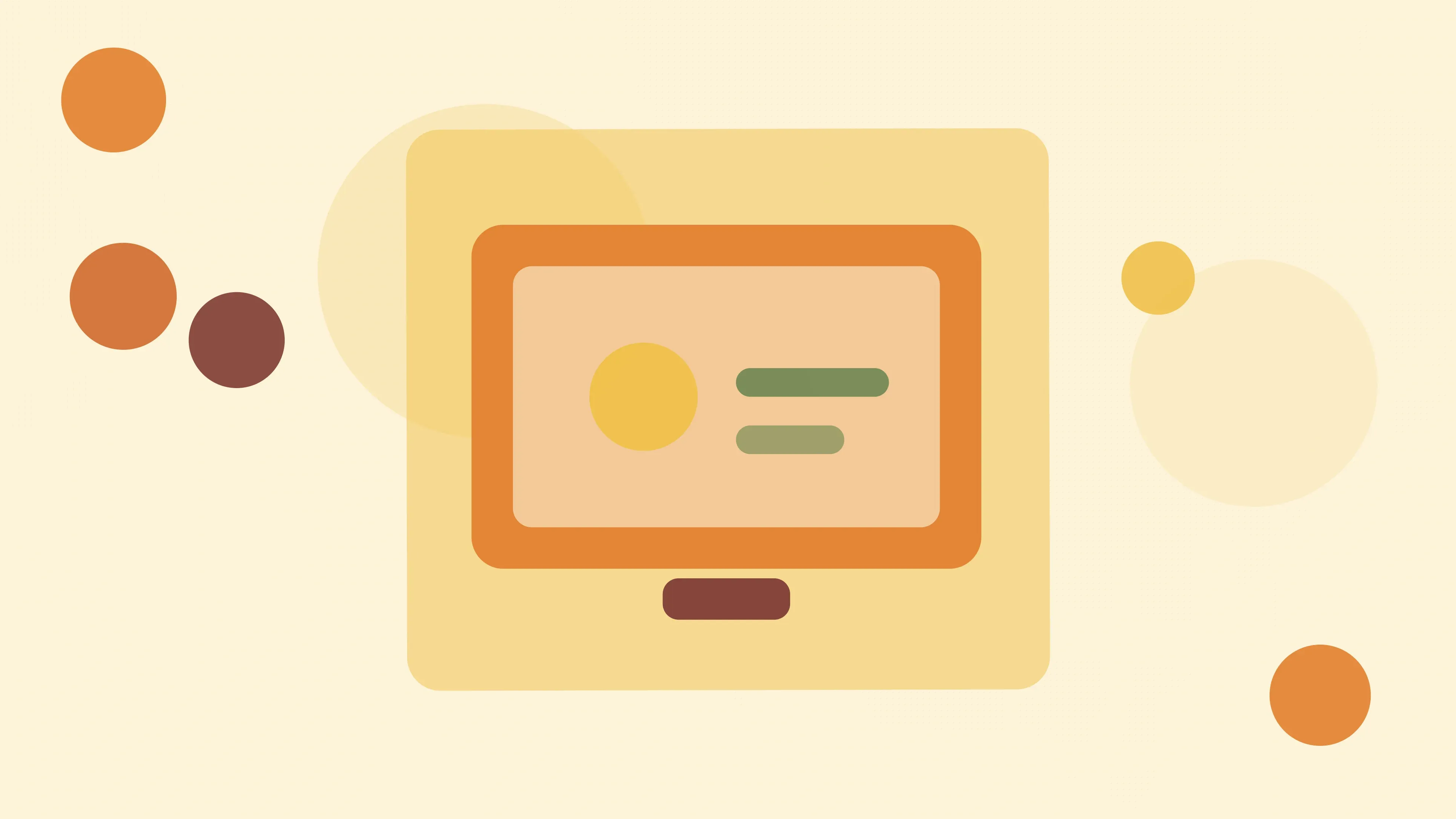 Illustration of a screen showing a video consultation on a warm cream field of overlapping translucent circles and fine botanical sprigs.