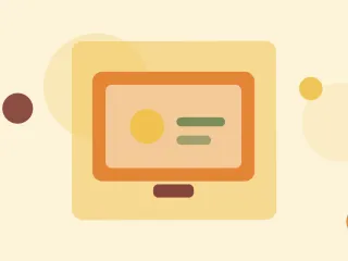 Illustration of a screen showing a video consultation on a warm cream field of overlapping translucent circles and fine botanical sprigs.
