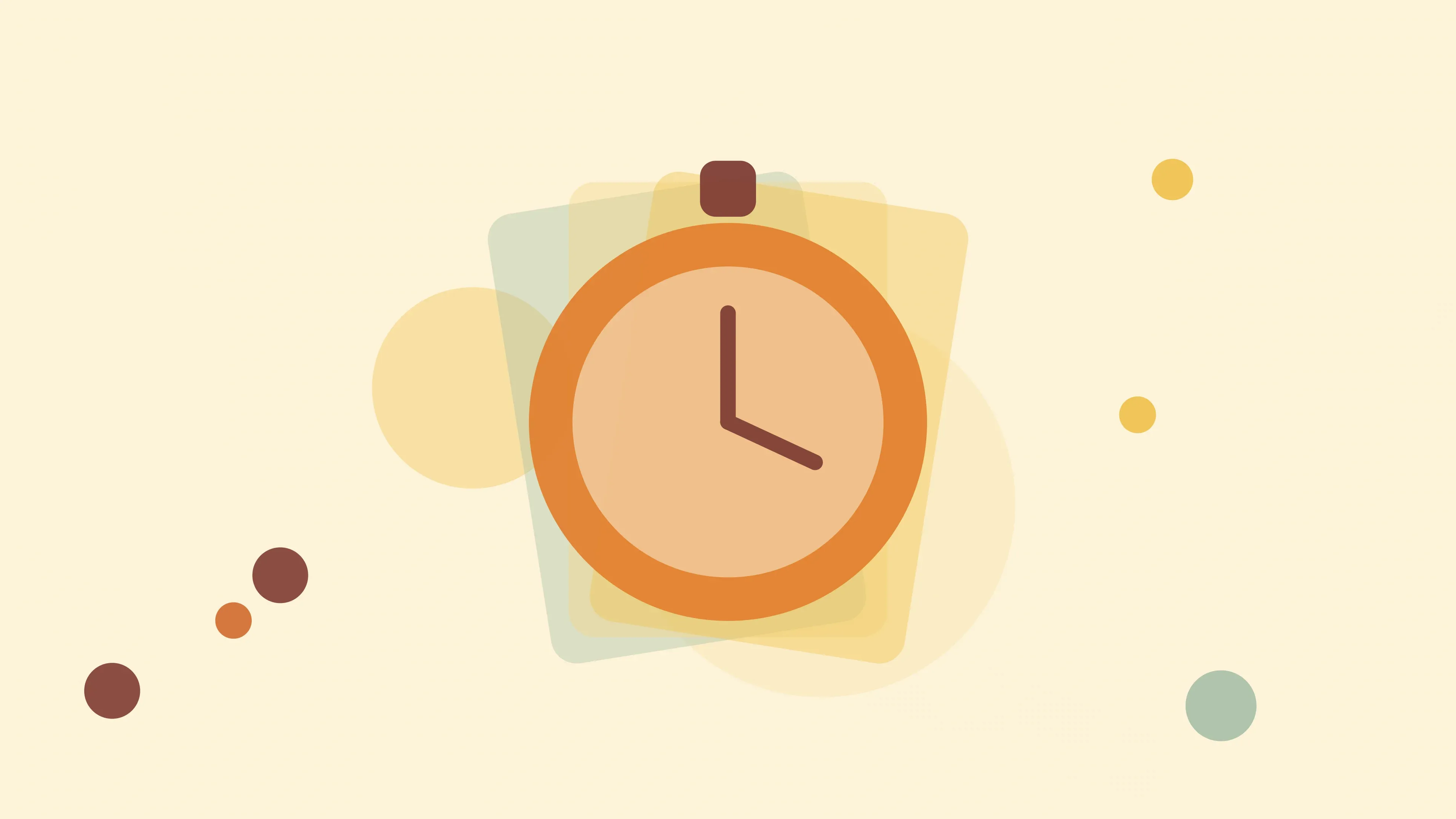 Illustration of a stopwatch on a warm cream field of overlapping translucent circles and fine botanical sprigs.