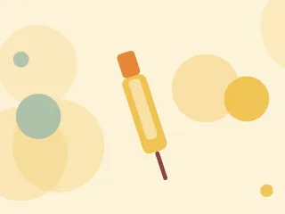 Illustration of a syringe on a warm cream field of overlapping translucent circles and fine botanical sprigs.
