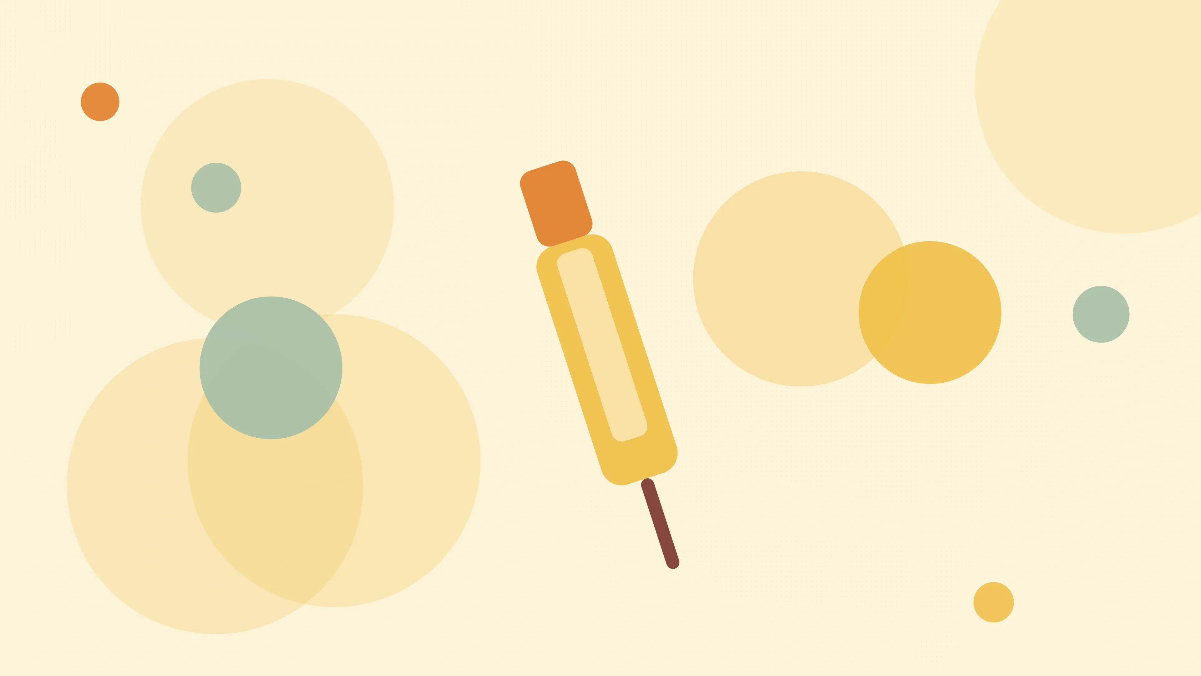 Illustration of a syringe on a warm cream field of overlapping translucent circles and fine botanical sprigs.