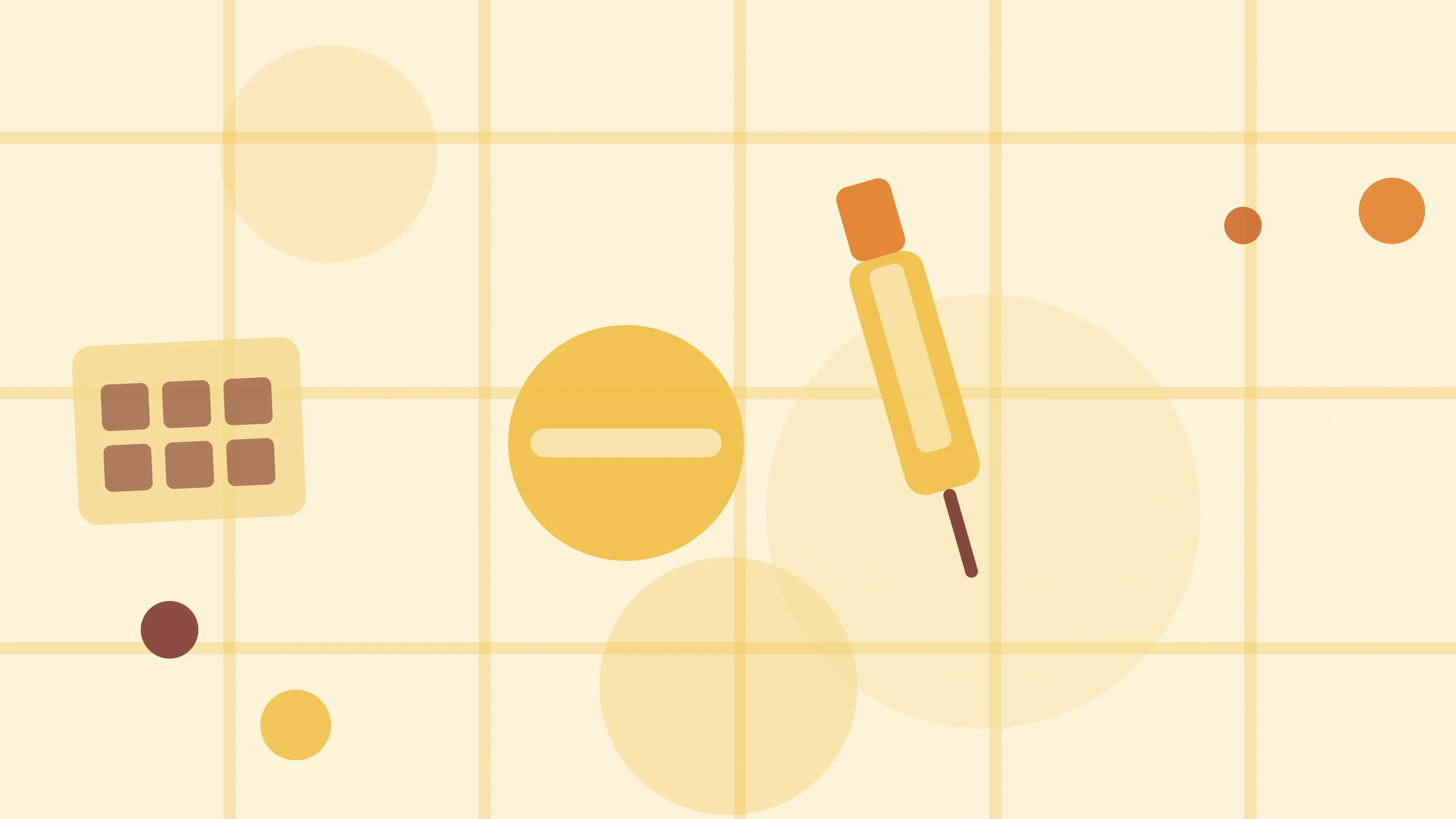 Illustration of a round tablet beside a syringe on a warm cream field of overlapping translucent circles and fine botanical sprigs.