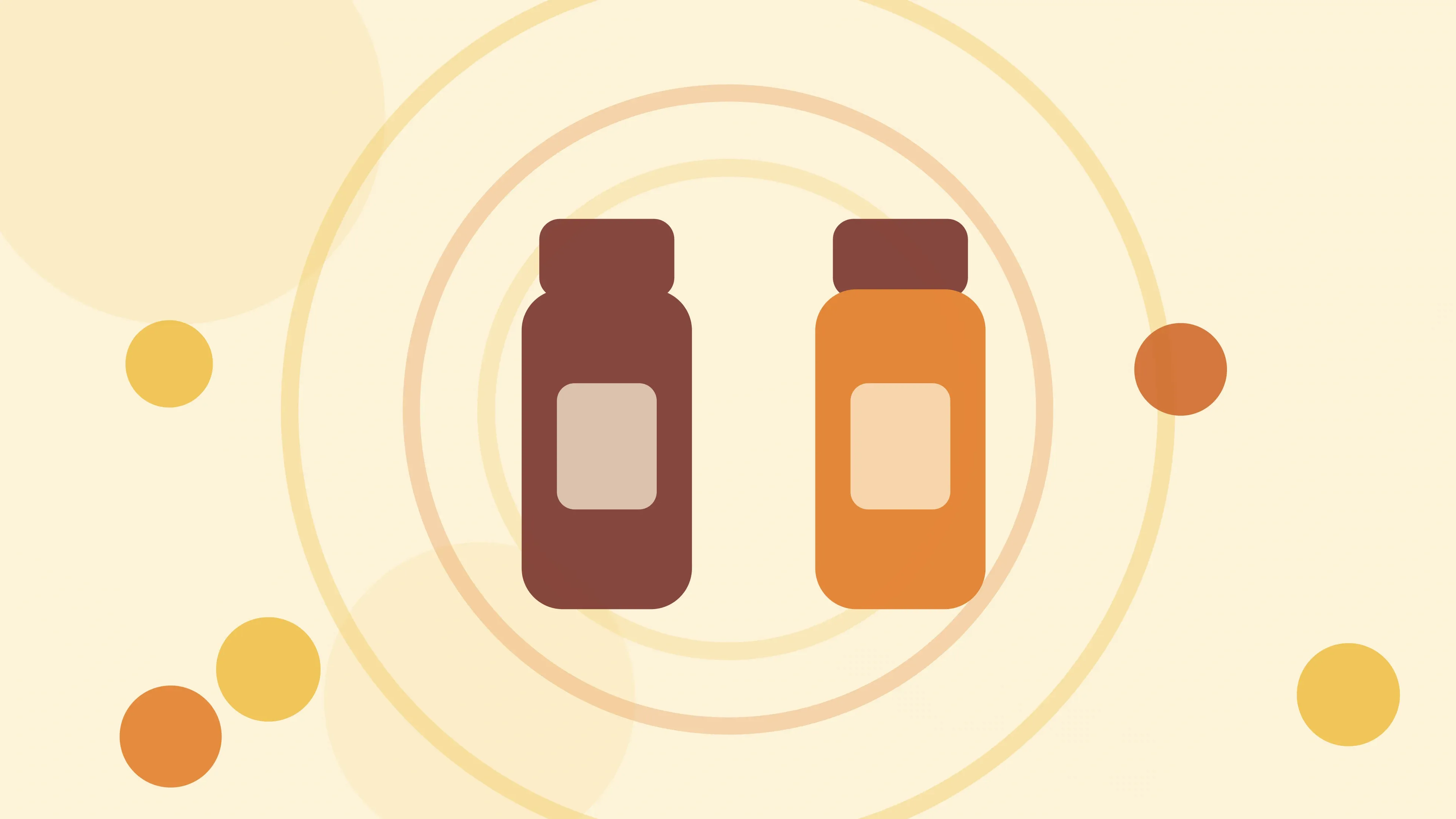 Illustration of two medicine vials standing side by side on a warm cream field of overlapping translucent circles and fine botanical sprigs.