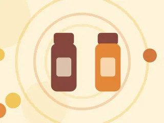 Illustration of two medicine vials standing side by side on a warm cream field of overlapping translucent circles and fine botanical sprigs.