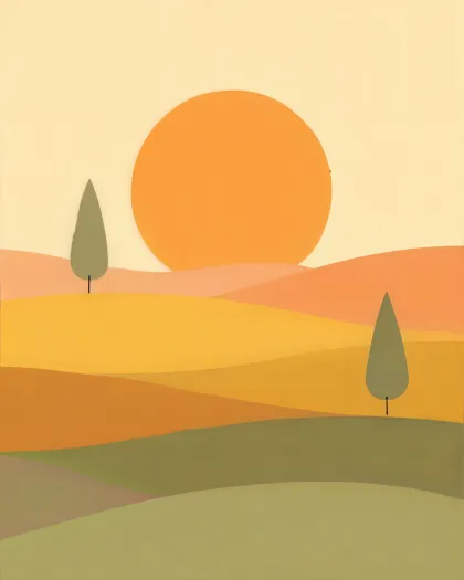 Flat-vector illustration of a large sun rising over layered golden and green hills with two cypress trees — the visual for the GLP-1 desk.