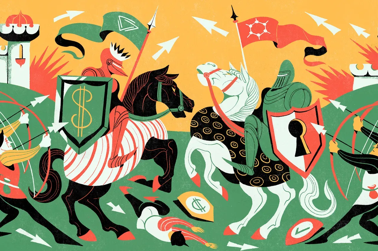 Riso illustration of medieval horsemen with flags.