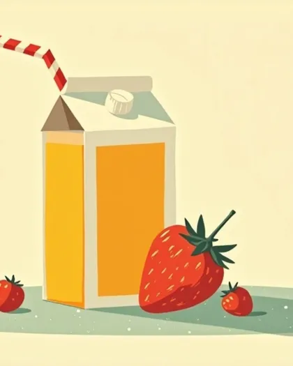 Riso illustration of a juice box with strawberry graphic — the visual for the Peptides desk.