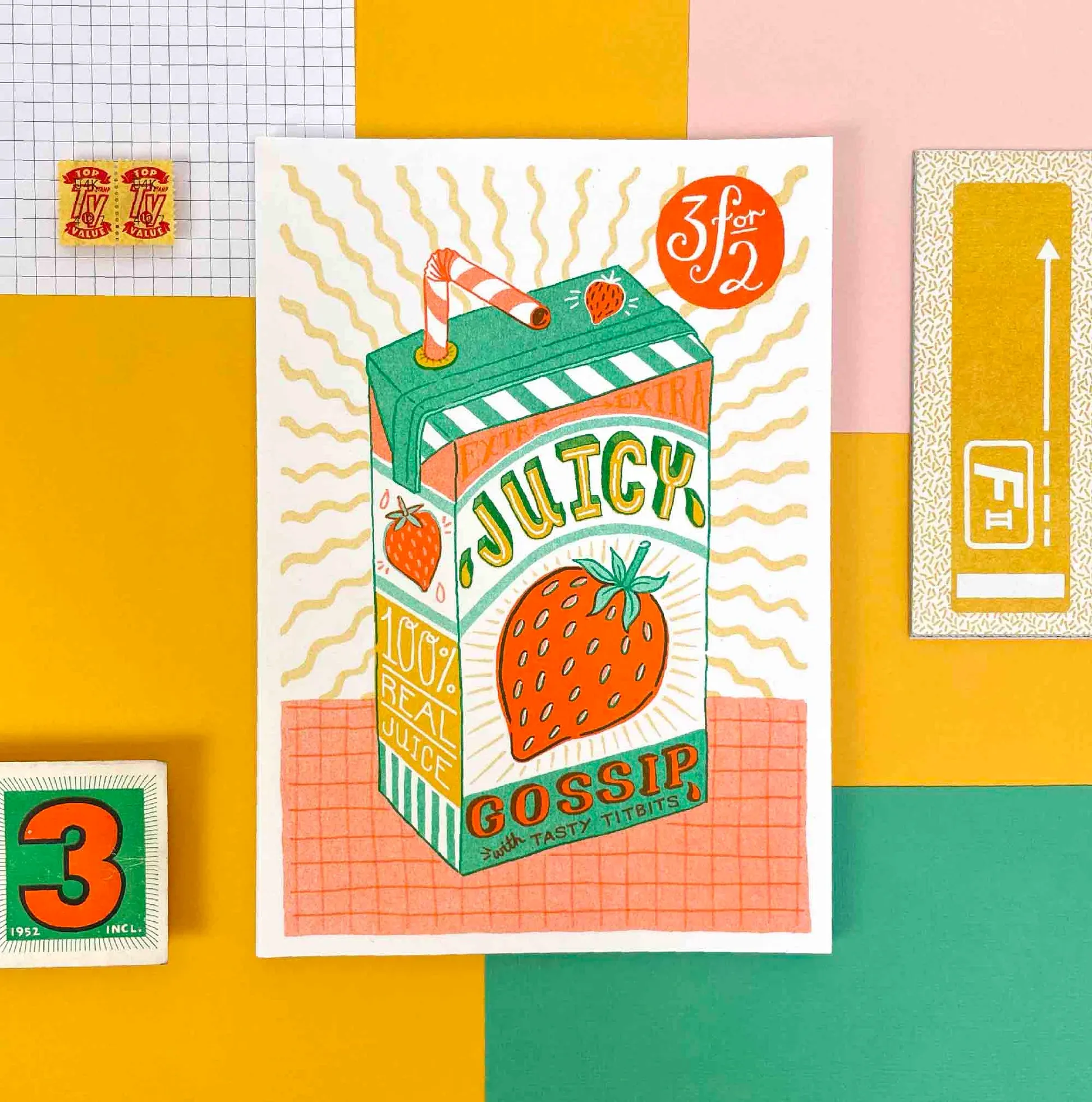 Riso illustration of a collage with orange slices and labels.