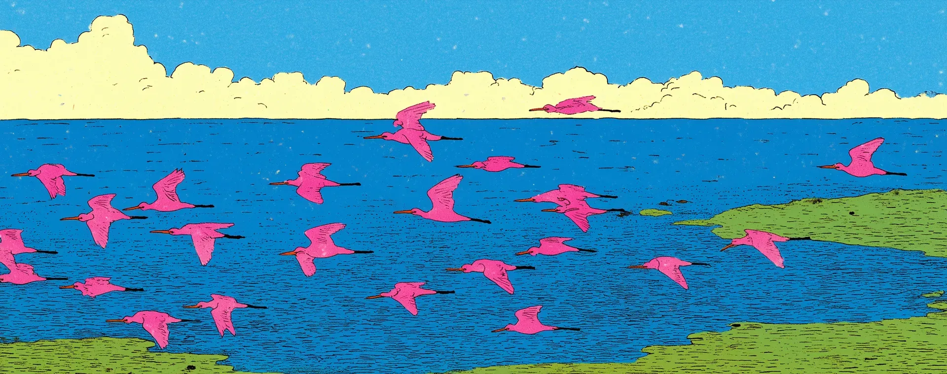 Riso illustration of spoonbills in flight over water.