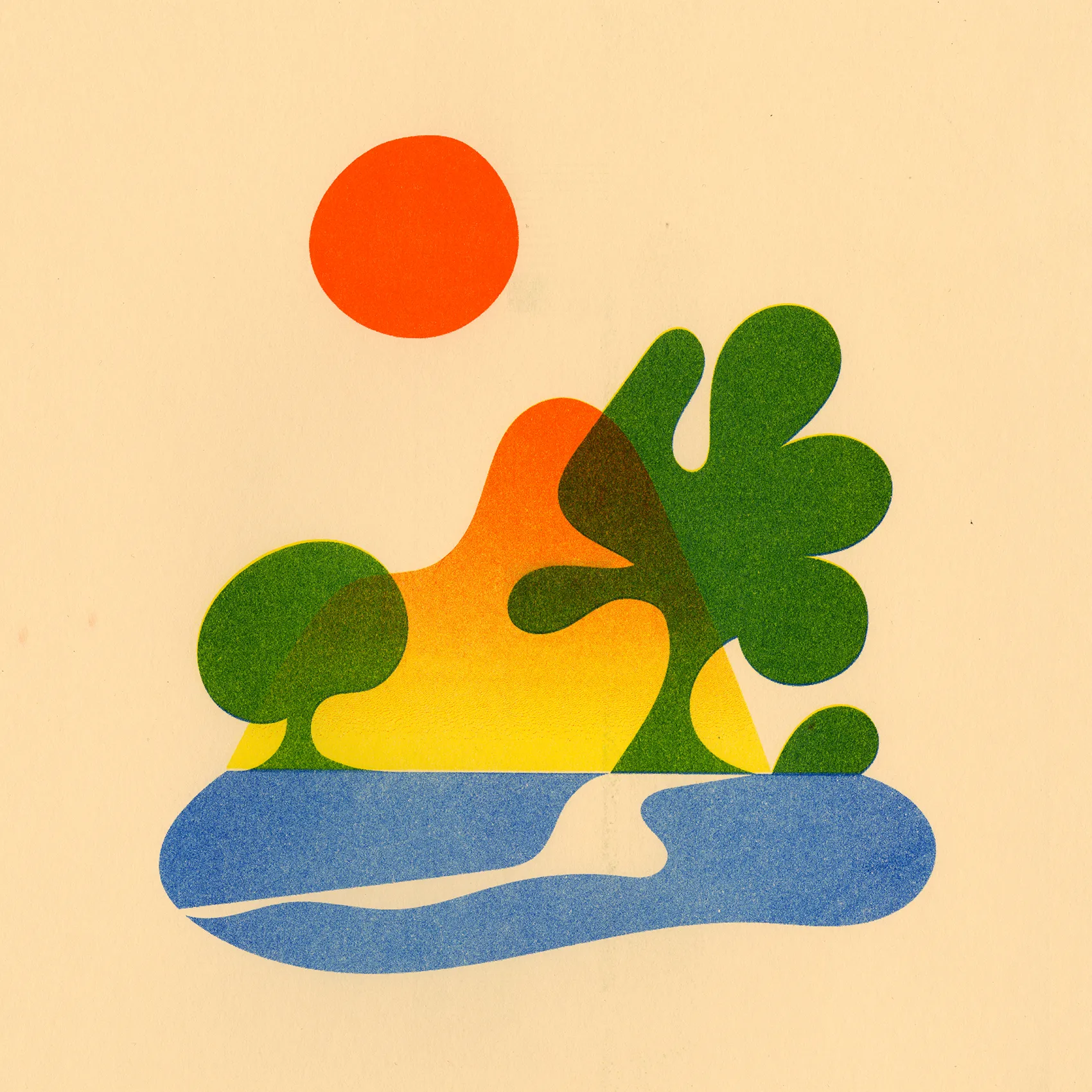 A riso-textured illustration of a rising sun over layered green foliage and blue water — the editorial cover image for the GLP-1 feature.