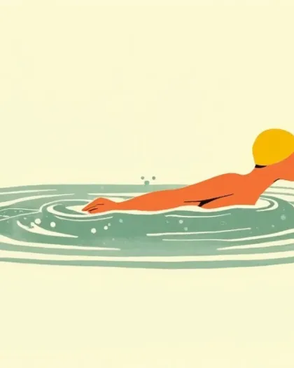 Riso illustration of a swimmer in polka-dot swimwear — the visual for the Semaglutide desk.