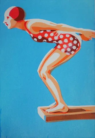 Riso illustration of a swimmer in polka-dot swimwear against a blue background.